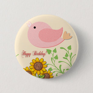 Bird & Sunflowers Birthday 2 Inch Round Button