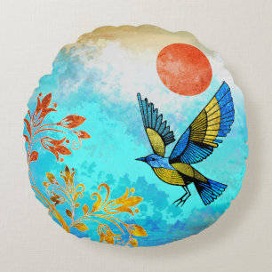 Bird Tree Sun Round Pillow