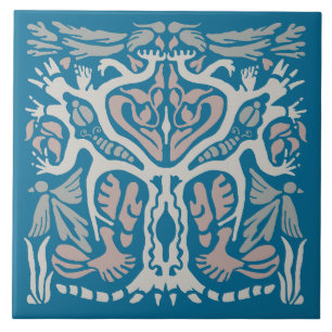 Bird Tree Symmetrical Nature Design Blue Tile