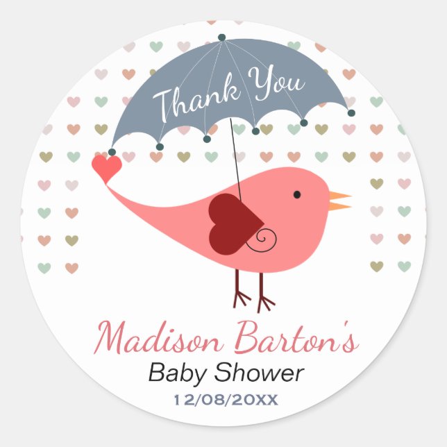 Bird Under Umbrella Raining Hearts Baby Shower Classic Round Sticker (Front)