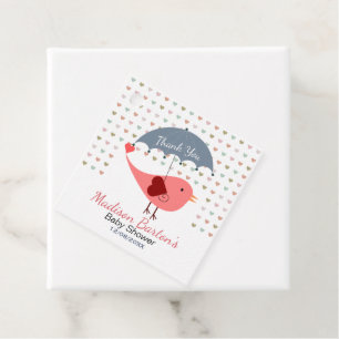 Bird Under Umbrella Raining Hearts Baby Shower Favour Tags
