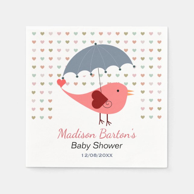 Bird Under Umbrella Raining Hearts Baby Shower Napkin (Front)