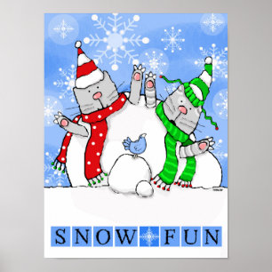 Bird Watching Two Cats Try to Build Snowman Poster