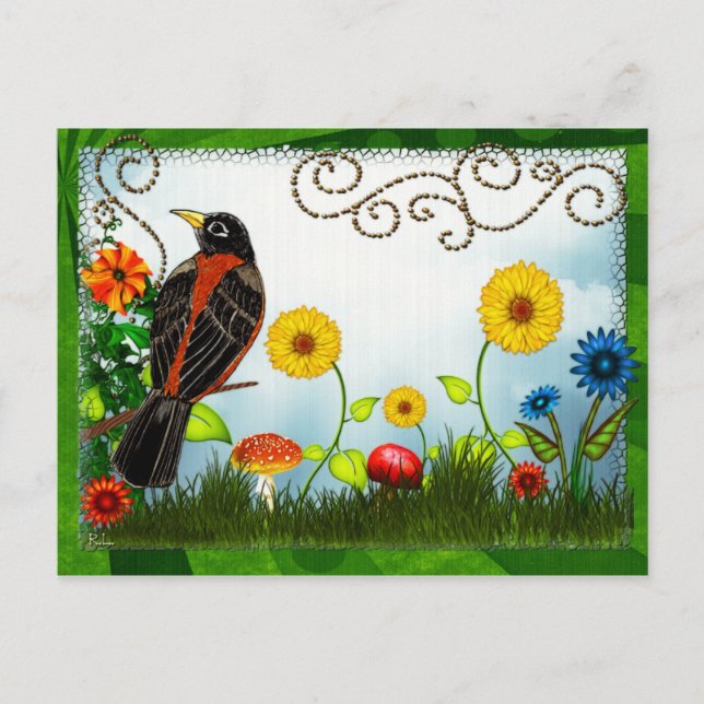 Bird Watching Whimsical Folk Art Postcard (Front)
