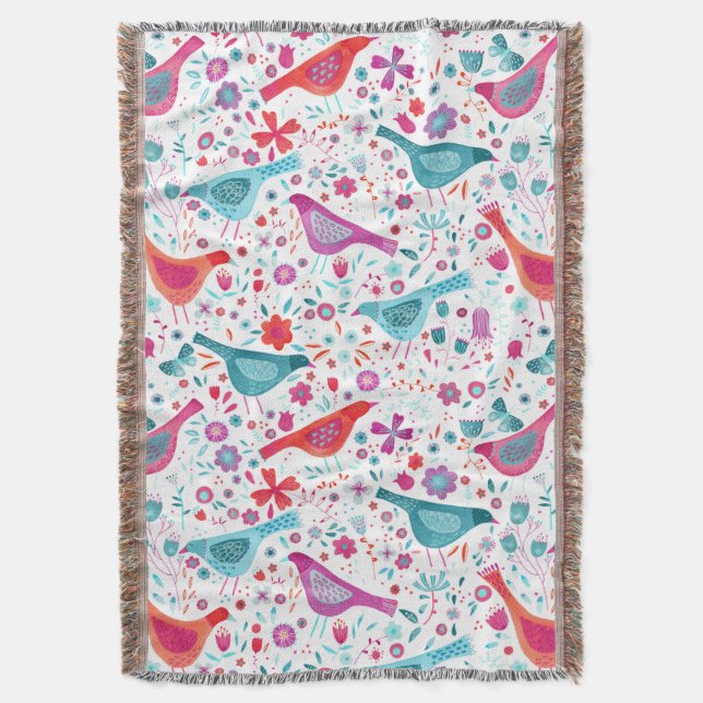 Bird Watercolor Floral Boho Throw Blanket (Front Vertical)
