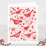 Bird Watercolor Red Holiday Card<br><div class="desc">Festive red watercolor birds and flowers on a white background.  You can change the greeting and names inside to personalize.  Original art by Nic Squirrell.</div>