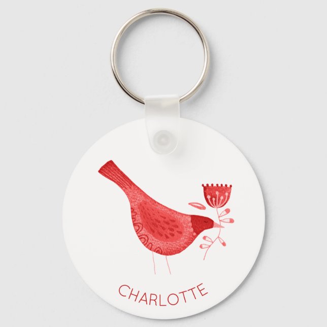Bird Watercolor Red Personalized Keychain (Front)