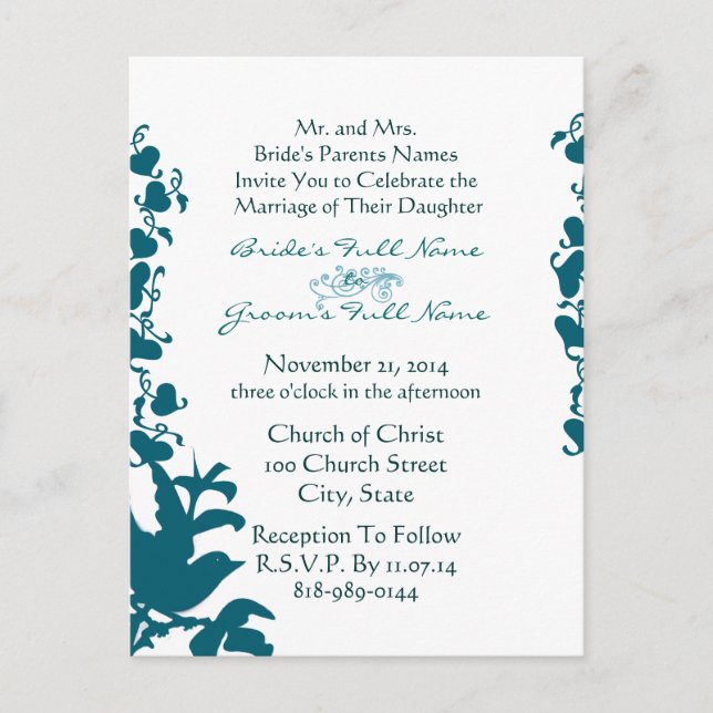 Bird Wedding Invitation Sea Blue Font on White (Front)