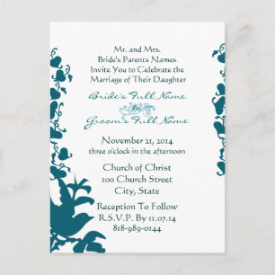 Bird Wedding Invitation Sea Blue Font on White Postcard