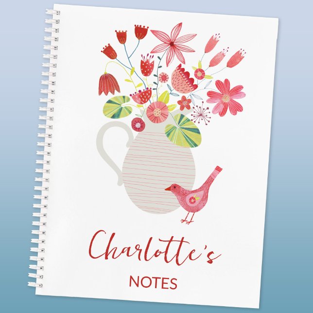 Bird with Jug of Flowers Personalized Name Notebook (Bird with a jug of flowers watercolor art personalized custom name text notebook)