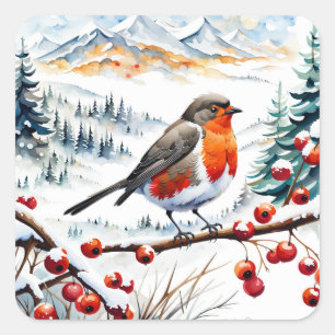 Bird with Snow and Red Berries Square Sticker