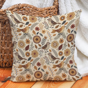 Bird Woodland Folk Art Warm Autumn Nature Throw Pillow