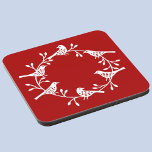 Bird Wreath Modern Scandinavian Coaster<br><div class="desc">Pretty festive Scandinavian bird and rosehip wreath. White on a red background.</div>