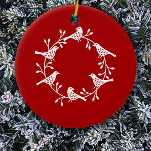 Bird Wreath White Red Ceramic Ornament