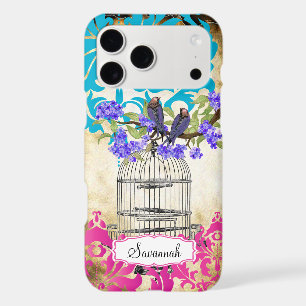 Birdcage Bird Pink Aqua Damask