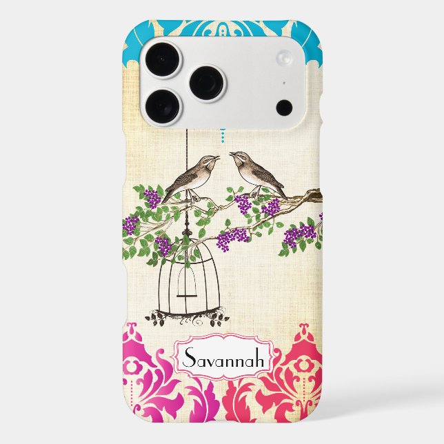 Birdcage Bird Pink Coral Aqua Damask  (Back)