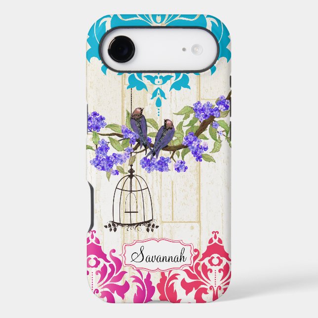 Birdcage Bird Pink Coral Aqua Damask iPhone Case (Back)