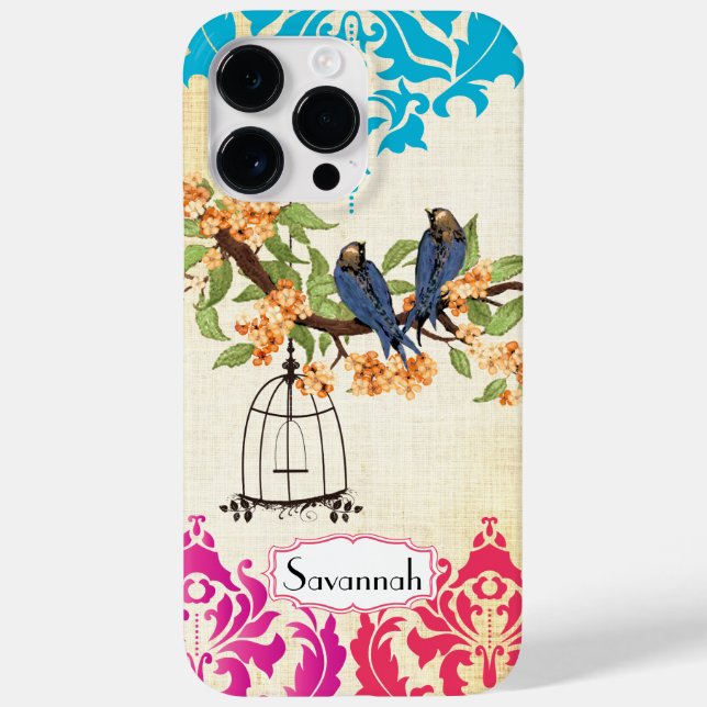 Birdcage Bird Pink Coral Aqua Damask  iPhone Case (Back)