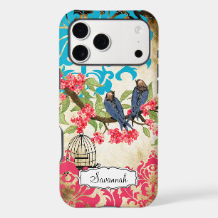 Birdcage Oiseau Corail rose Aqua Damask