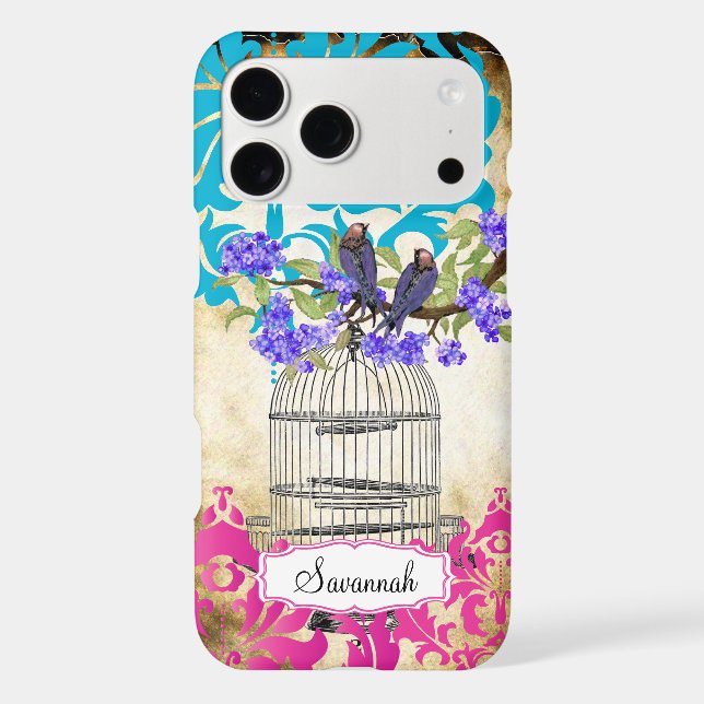 Birdcage Oiseau rose Aqua Damask (Verso)