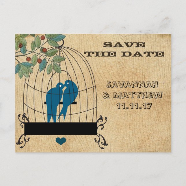 Birdcage Save the Date on Wood Grain Postcard (Front)