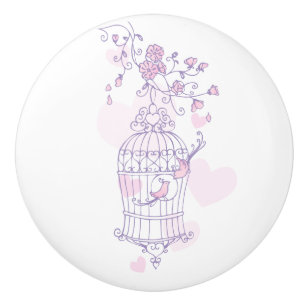 Birdcage two love birds hearts purple doorknob ceramic knob