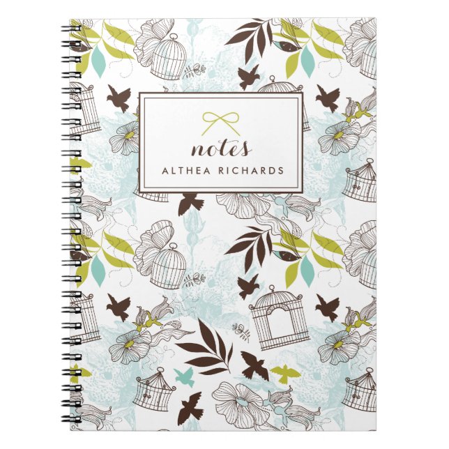 Birdcages Floral Pattern Personalized Notebook (Front)