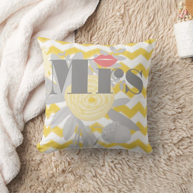 Birde Mrs Lips Grey Peach and Yellow Zig Zag Throw Pillow (Blanket)