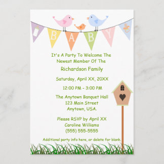 Birdhouse And Birds On A Baby Banner Baby Shower Invitation