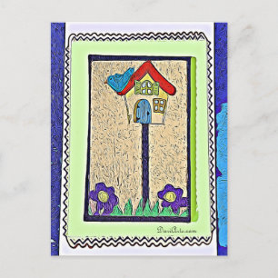 Birdhouse, Bird and Flower cartoon postcard
