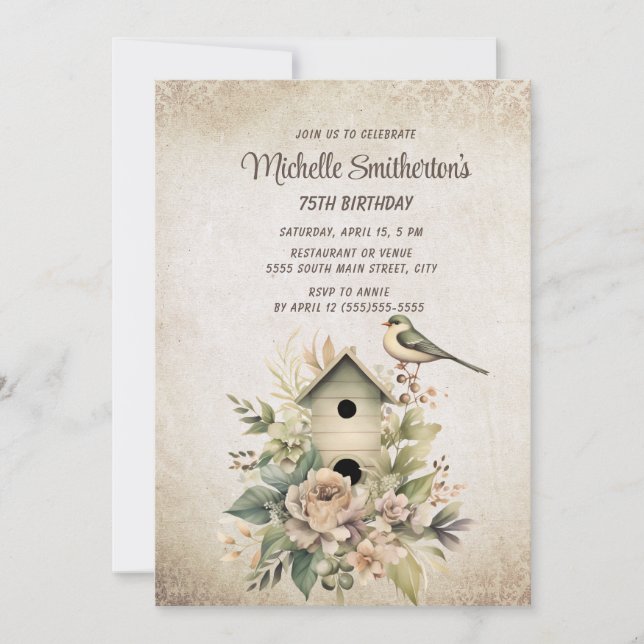 Birdhouse Botanical Nature 75th Birthday  Invitation (Front)