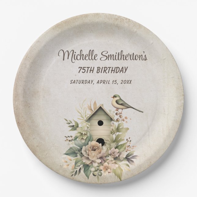 Birdhouse Botanical Nature 75th Birthday  Paper Plate (Front)