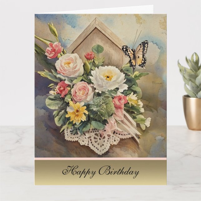 Birdhouse Bouquet - Birthday Card (Small Plant)