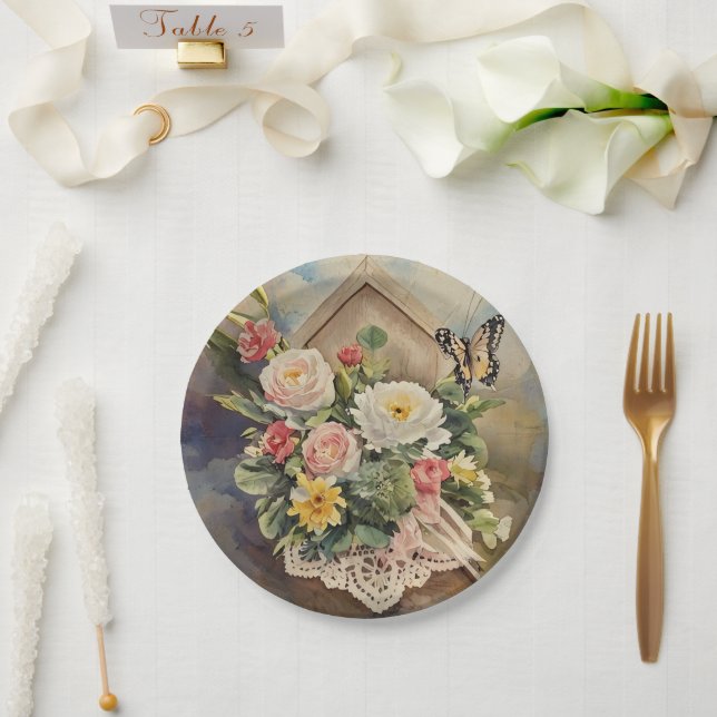Birdhouse Bouquet - Sm Round Paper Plate (Wedding)