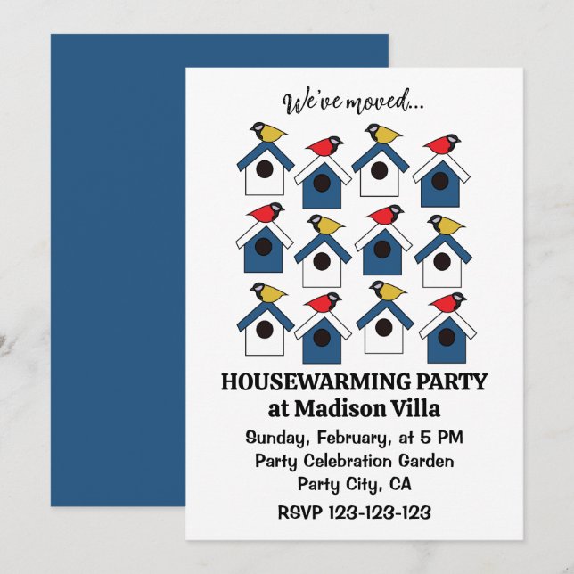 Birdhouse Colourful Birds We've Moved Birdhouse Invitation (Front/Back)