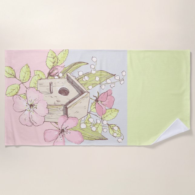 Birdhouse Floral Colorblock Beach Towel (Front)