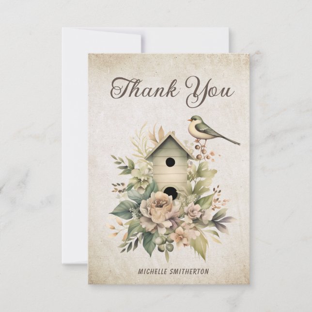 Birdhouse Floral Rustic Vintage Birthday Thank You (Front)