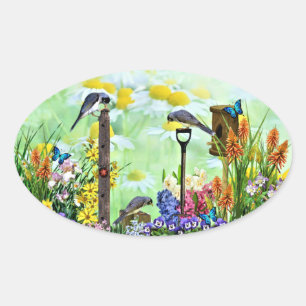 Birdhouse Flower Garden Oval Sticker