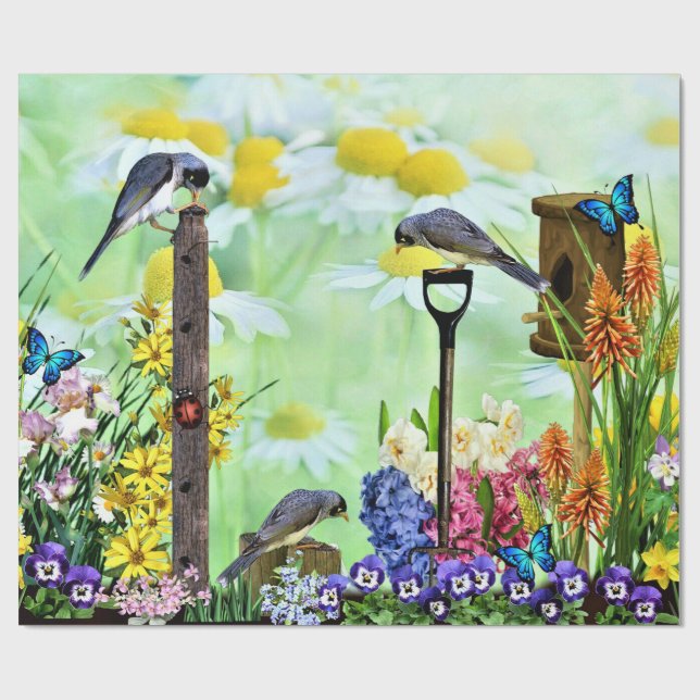 Birdhouse Flower Garden Wrapping Paper (Flat)