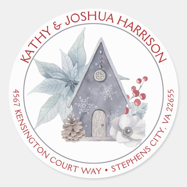 Birdhouse Poinsettias Berries Return Address | Classic Round Sticker (Front)