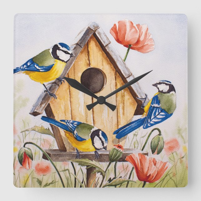Birdhouse Square Wall Clock (Front)