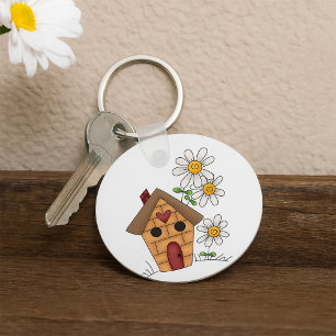 Birdhouse with Daisies and Heart Folk Art Keychain