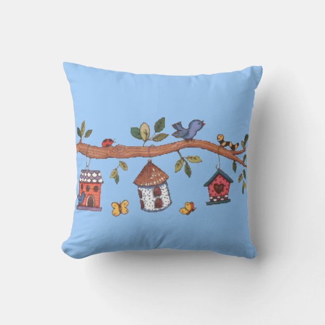 Birdhouses Throw Pillow (Front)