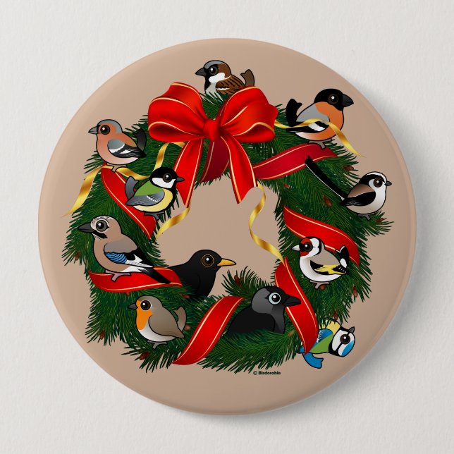 Birdorable European Garden Birds Christmas Wreath 4 Inch Round Button (Front)