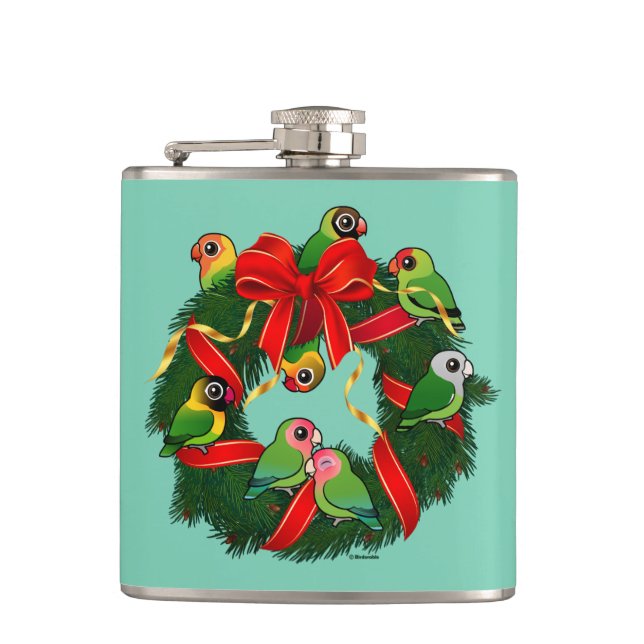 Birdorable Lovebirds Christmas Wreath Hip Flask (Front)