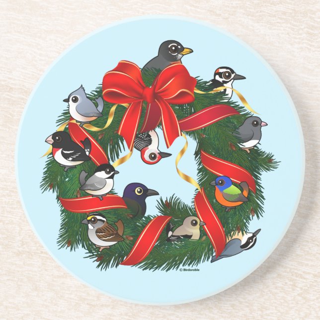 Birdorable NA Backyard Birds Christmas Wreath Coaster (Front)