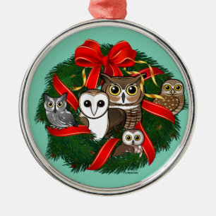 Birdorable Owls Christmas Wreath Metal Ornament