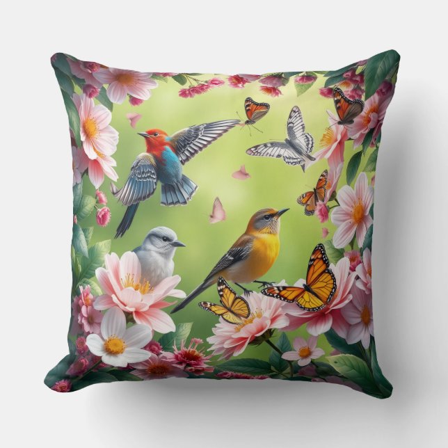 Birds Among Flowers Throw Pillow (Front)
