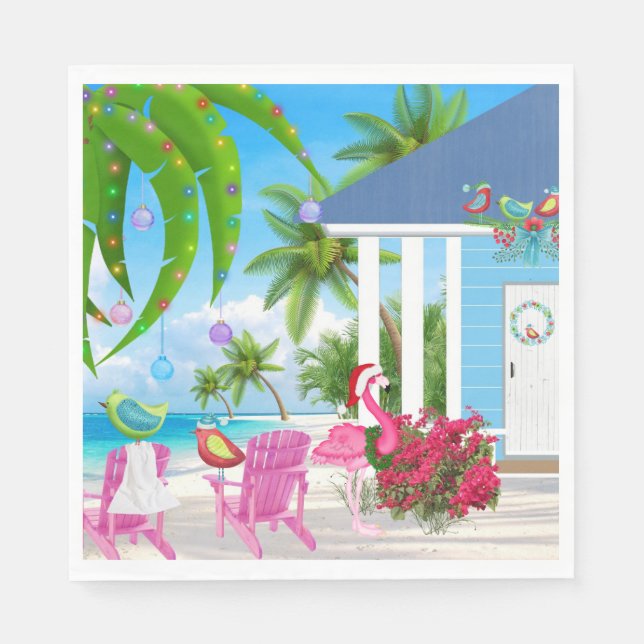 Birds and Beach House Tropical Christmas Holiday Napkin (Front)