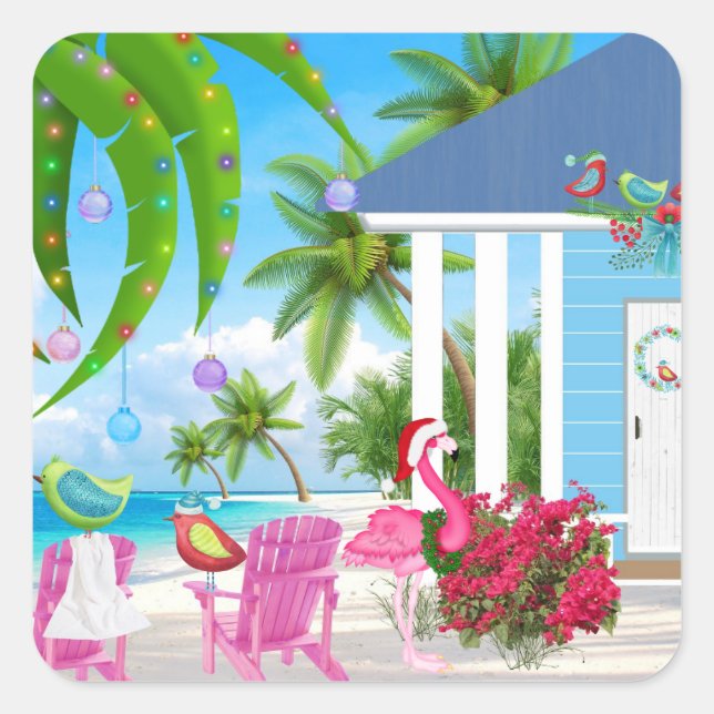 Birds and Beach House Tropical Christmas Holiday Square Sticker (Front)